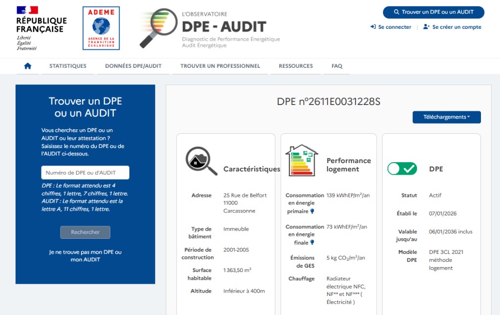 Exemple de fiche DPE sur l’Observatoire ADEME, avec le bouton Téléchargements